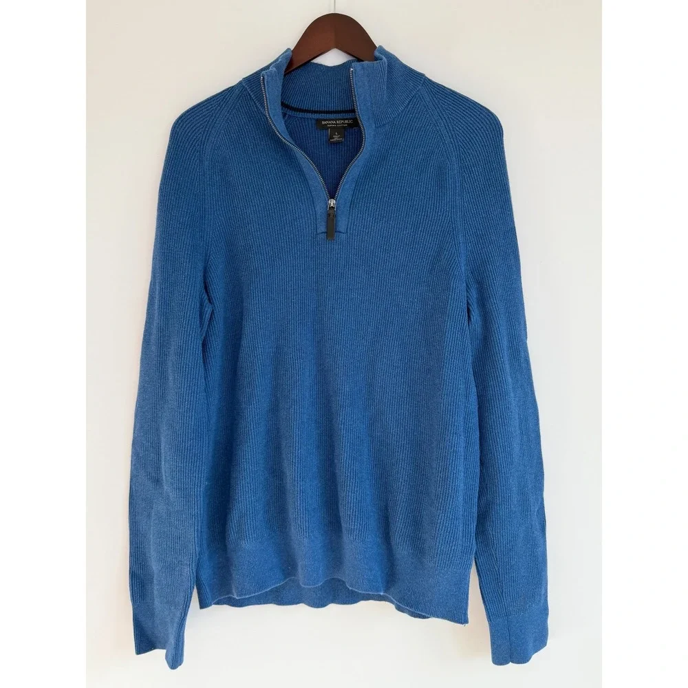 Banana Republic 100% Supima Cotton Quarter Zip Minimalist Mens L Blue Office